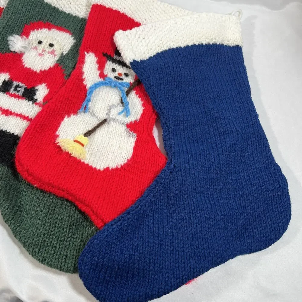 Vintage Lot of 4 Handmade Knit Christmas Stockings Santa Bear Snowman Shepherd